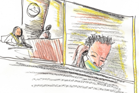 [ai] A sketch illustrating a courtroom scene, featuring a judge and two figures. One figure is wearing a mask and appearing thoughtful, while the other is seated nearby. The background includes a clock.